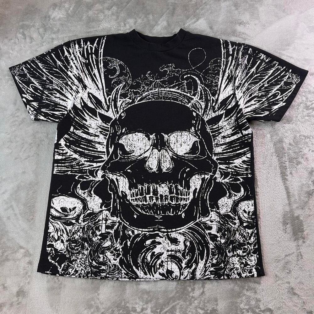 Return to Sender Skull Wings All Over Print T-Shirt Men’s Large Black Y2K